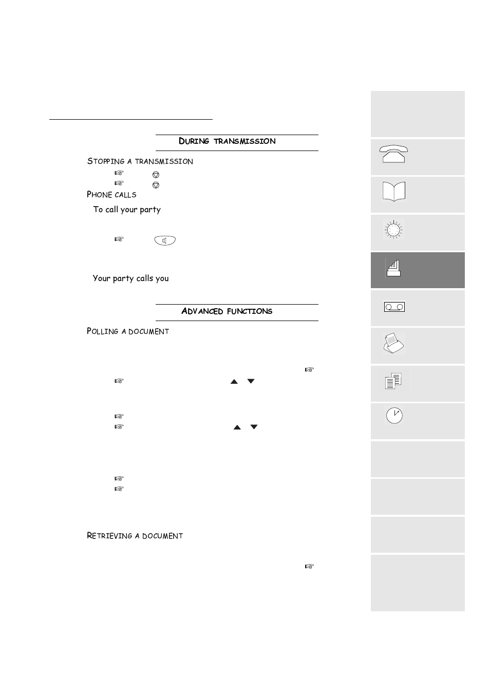 During transmission, Stopping a transmission, Phone calls | Advanced functions, Polling a document, Retrieving a document, Xulqjwudqvplvvlrq, Gydqfhgixqfwlrqv, 7rfdoo\rxusduw, Rxusduw\fdoov\rx | TA Triumph-Adler FAX 720 User Manual | Page 31 / 66