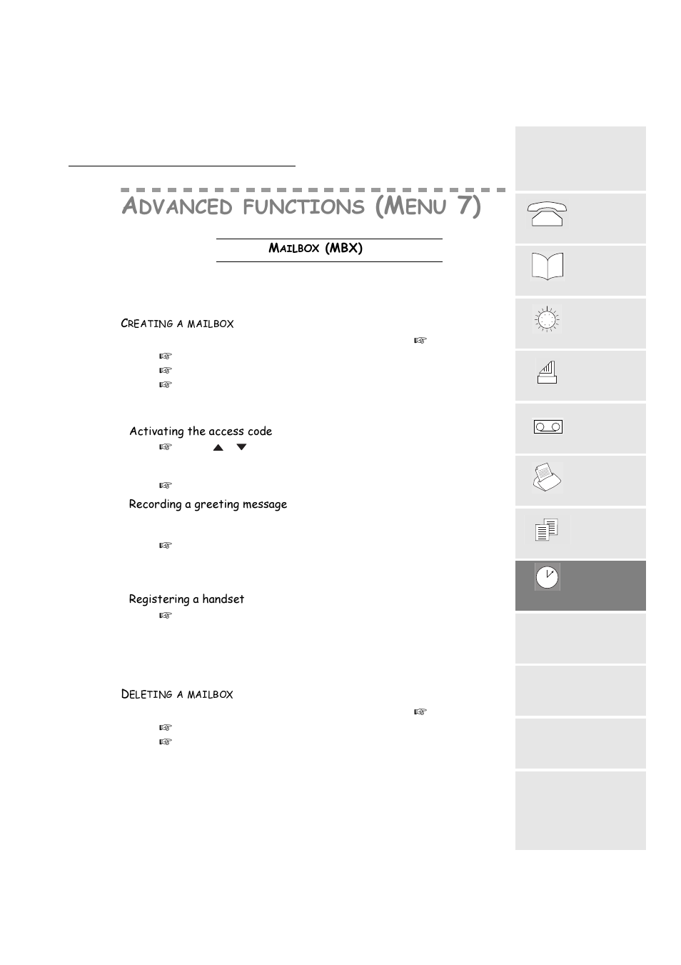 Advanced functions (menu7), Mailbox (mbx), Creating a mailbox | Deleting a mailbox, 0dloer[ 0 | TA Triumph-Adler FAX 720 User Manual | Page 43 / 66