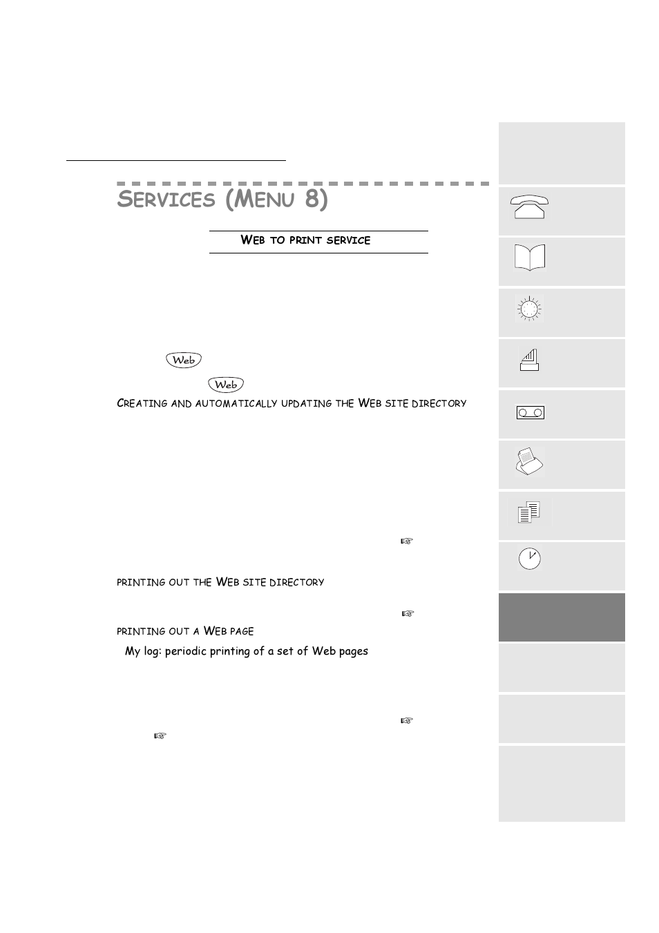 Services (menu8), Web to print service, Printing out the web site directory | Hewrsulqwvhuylfh | TA Triumph-Adler FAX 720 User Manual | Page 47 / 66