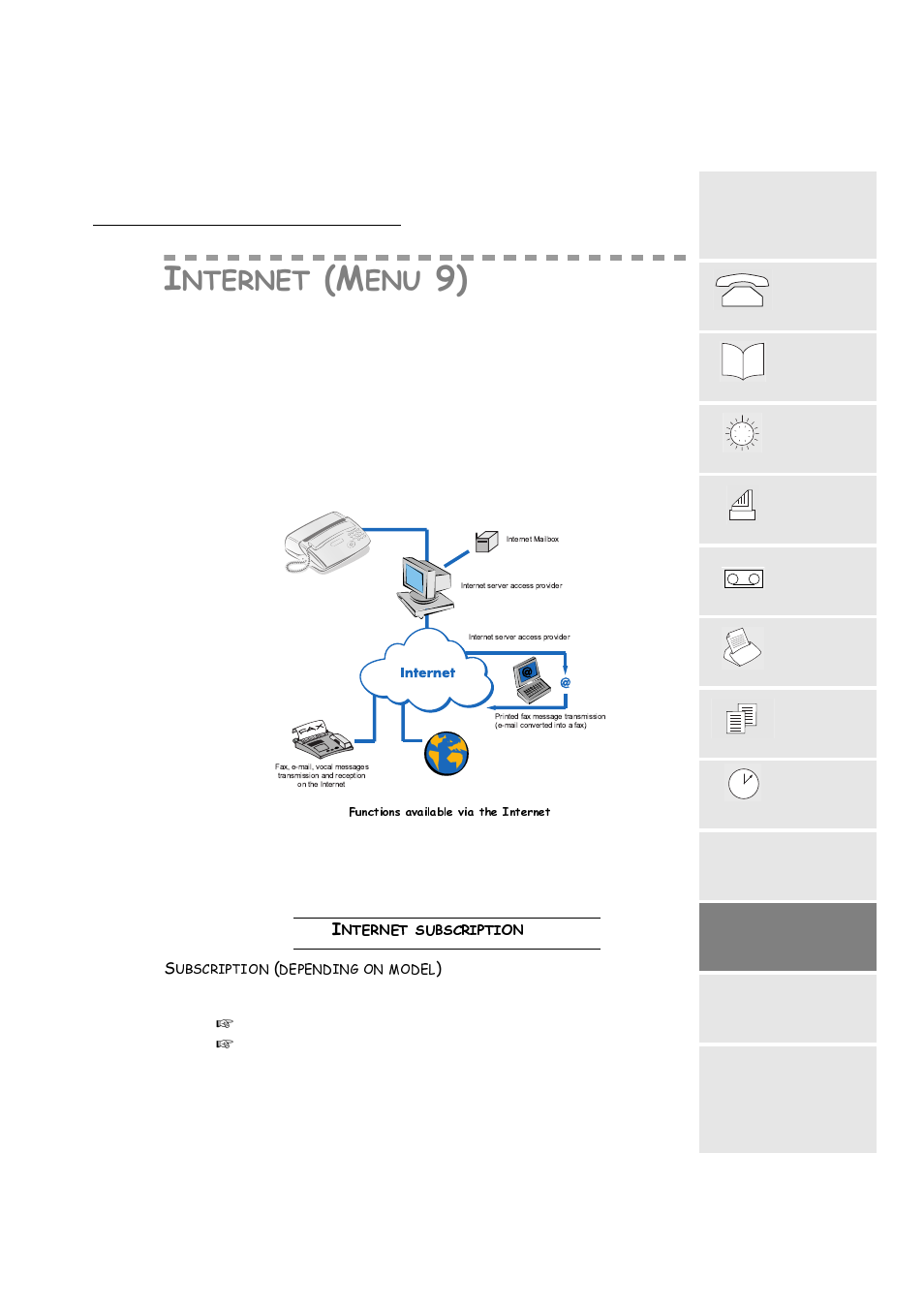 Internet (menu9), Internet subscription, Subscription (depending on model) | Qwhuqhwvxevfulswlrq | TA Triumph-Adler FAX 720 User Manual | Page 51 / 66