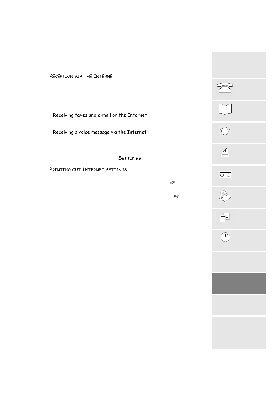 Reception via the internet, Settings, Printing out internet settings | Current settings, 6hwwlqjv | TA Triumph-Adler FAX 720 User Manual | Page 55 / 66