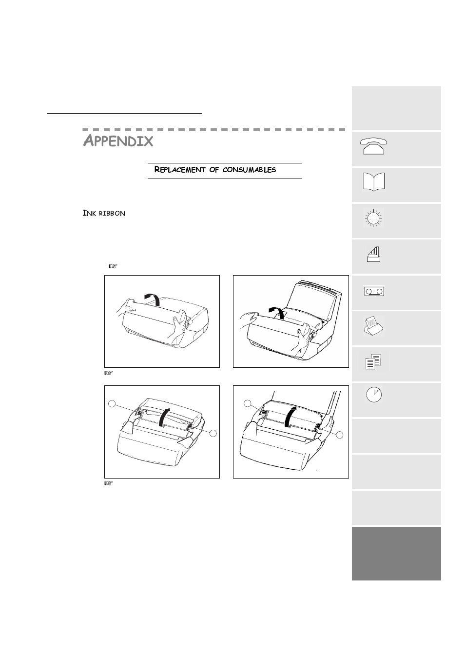 Appendix, Replacement of consumables, Ink ribbon | 5hsodfhphqwrifrqvxpdeohv | TA Triumph-Adler FAX 720 User Manual | Page 61 / 66