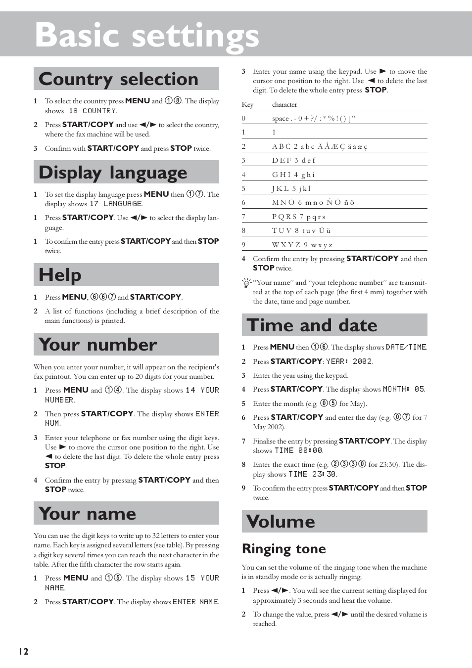 Basic settings, Country selection, Display language | Help, Your number, Your name, Time and date, Volume, Ringing tone | TA Triumph-Adler FAX 920 User Manual | Page 12 / 32