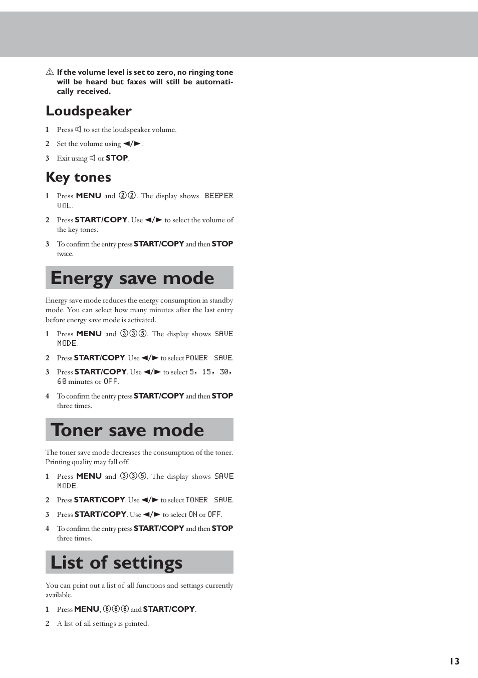 Energy save mode, Toner save mode, List of settings | Fax switch, Loudspeaker, Key tones | TA Triumph-Adler FAX 920 User Manual | Page 13 / 32