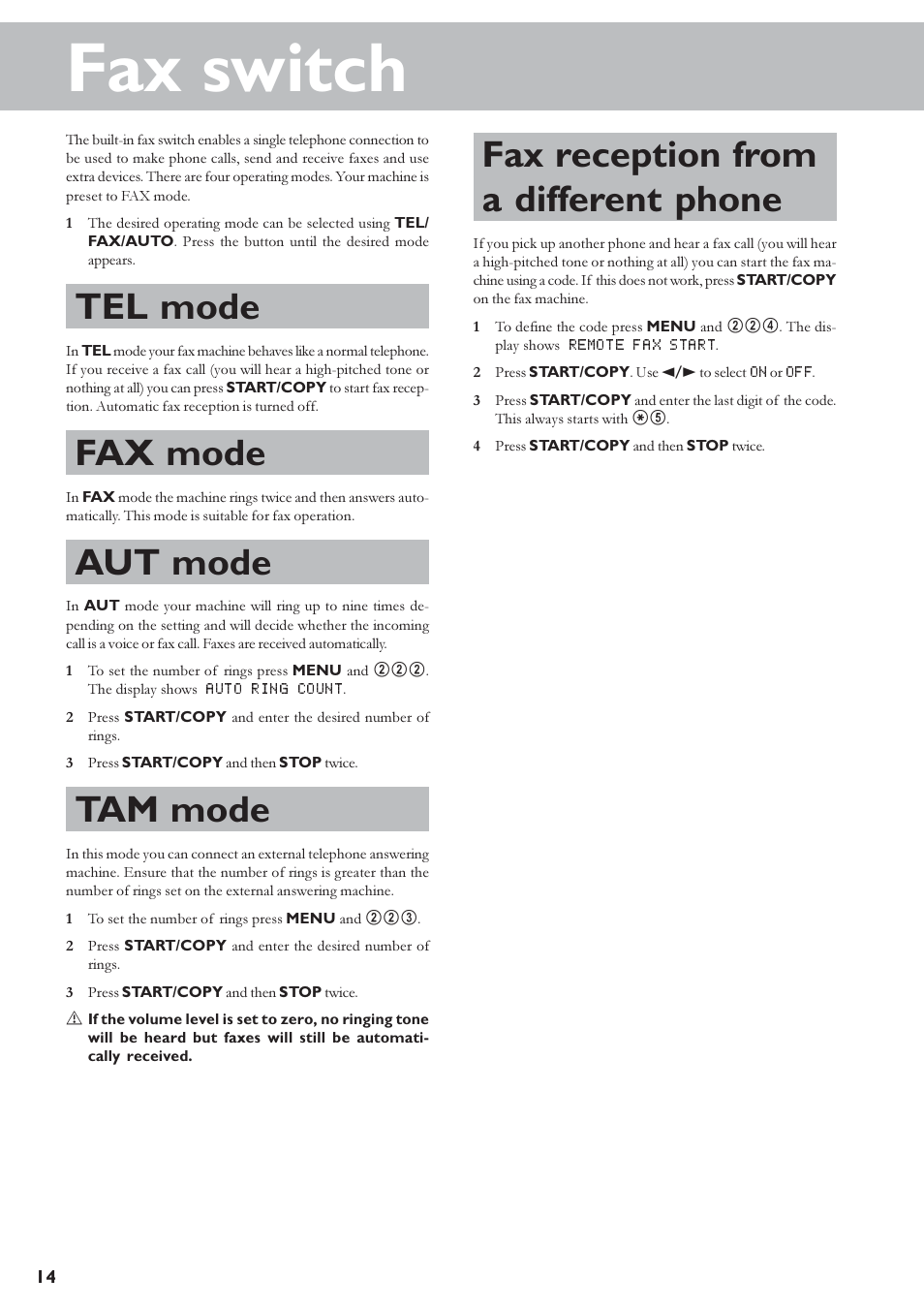 Fax switch, Tel mode, Fax mode | Aut mode, Tam mode, Fax reception from a different phone | TA Triumph-Adler FAX 920 User Manual | Page 14 / 32