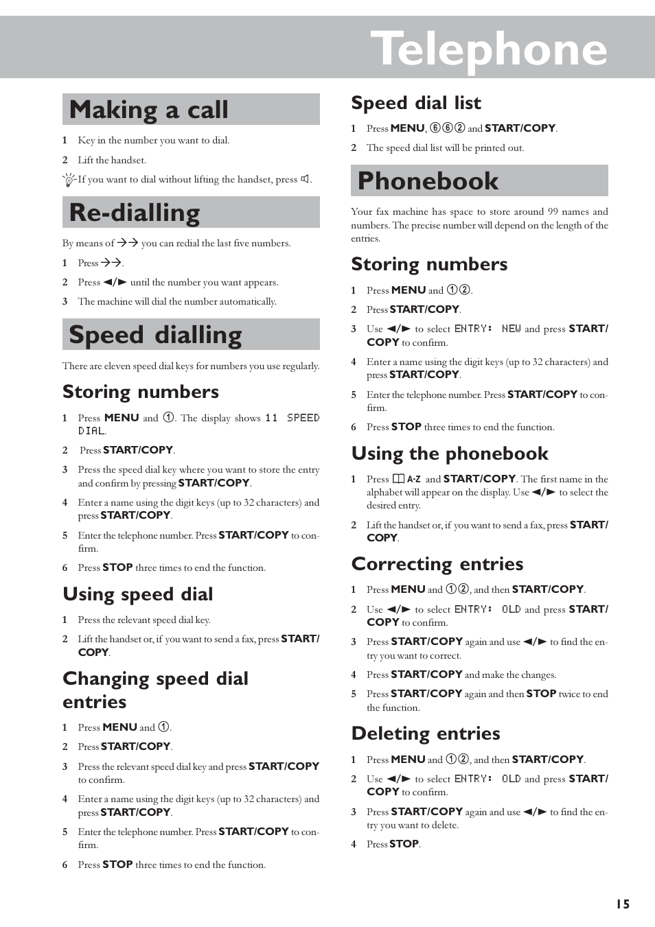 Telephone, Making a call, Re-dialling | Speed dialling, Phonebook, Storing numbers, Using speed dial, Changing speed dial entries, Speed dial list, Using the phonebook | TA Triumph-Adler FAX 920 User Manual | Page 15 / 32