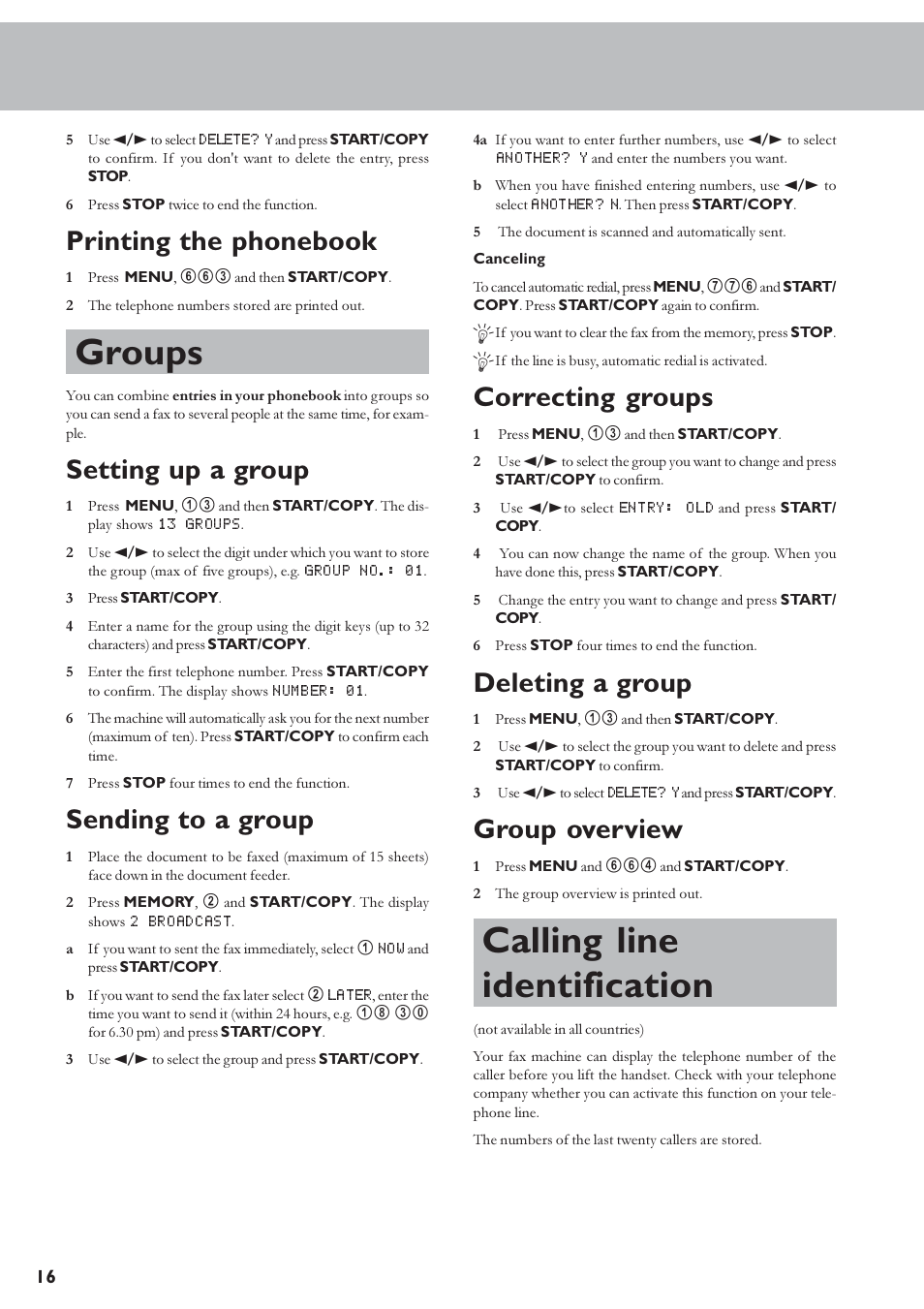Groups, Calling line identification, Printing the phonebook | Setting up a group, Sending to a group, Correcting groups, Deleting a group, Group overview | TA Triumph-Adler FAX 920 User Manual | Page 16 / 32