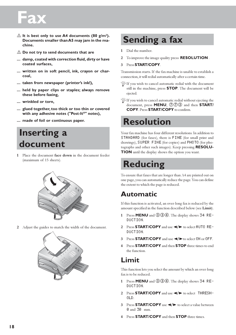 Inserting a document, Sending a fax, Resolution | Reducing, Automatic, Limit | TA Triumph-Adler FAX 920 User Manual | Page 18 / 32