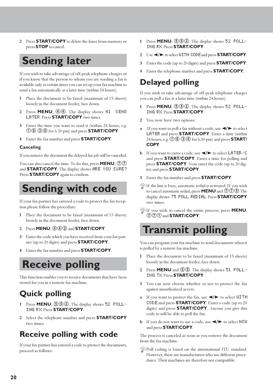 Sending later, Sending with code, Receive polling | Transmit polling, Quick polling, Receive polling with code, Delayed polling | TA Triumph-Adler FAX 920 User Manual | Page 20 / 32