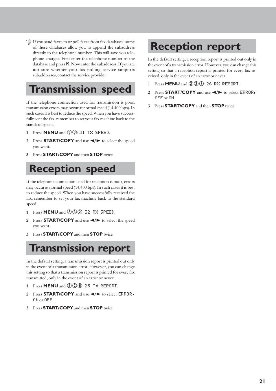 Transmission speed, Reception speed, Transmission report | Reception report | TA Triumph-Adler FAX 920 User Manual | Page 21 / 32