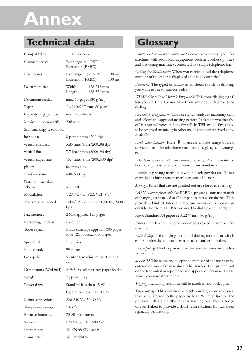 Annex, Technical data, Glossary | Guarantee | TA Triumph-Adler FAX 920 User Manual | Page 27 / 32