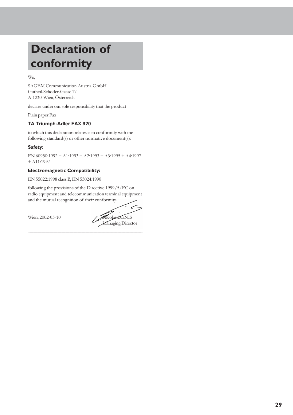 Declaration of conformity | TA Triumph-Adler FAX 920 User Manual | Page 29 / 32