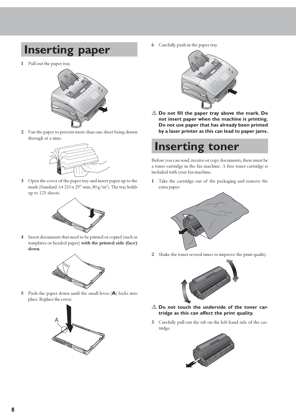 Inserting paper, Inserting toner | TA Triumph-Adler FAX 920 User Manual | Page 8 / 32