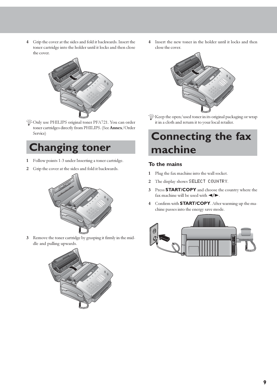 Changing toner, Connecting the fax machine | TA Triumph-Adler FAX 920 User Manual | Page 9 / 32