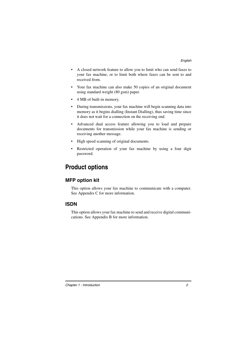 Product options, Mfp option kit, Isdn | TA Triumph-Adler FAX 925 User Manual | Page 10 / 129