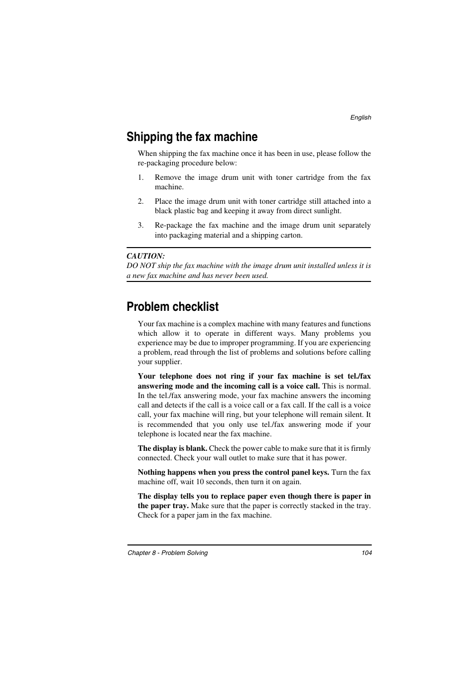 Shipping the fax machine, Problem checklist | TA Triumph-Adler FAX 925 User Manual | Page 112 / 129