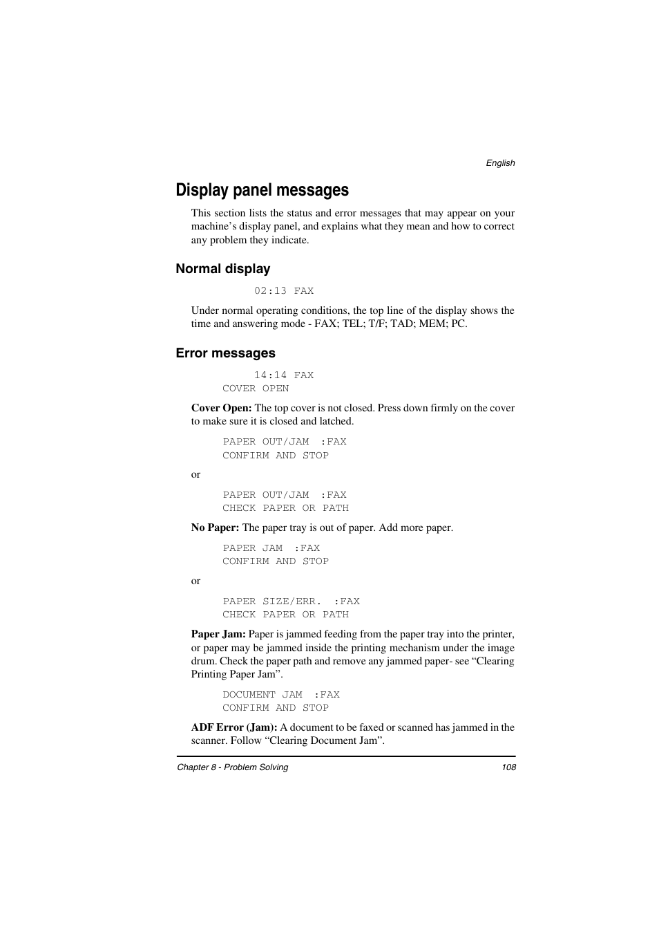 Display panel messages, Normal display, Error messages | TA Triumph-Adler FAX 925 User Manual | Page 116 / 129