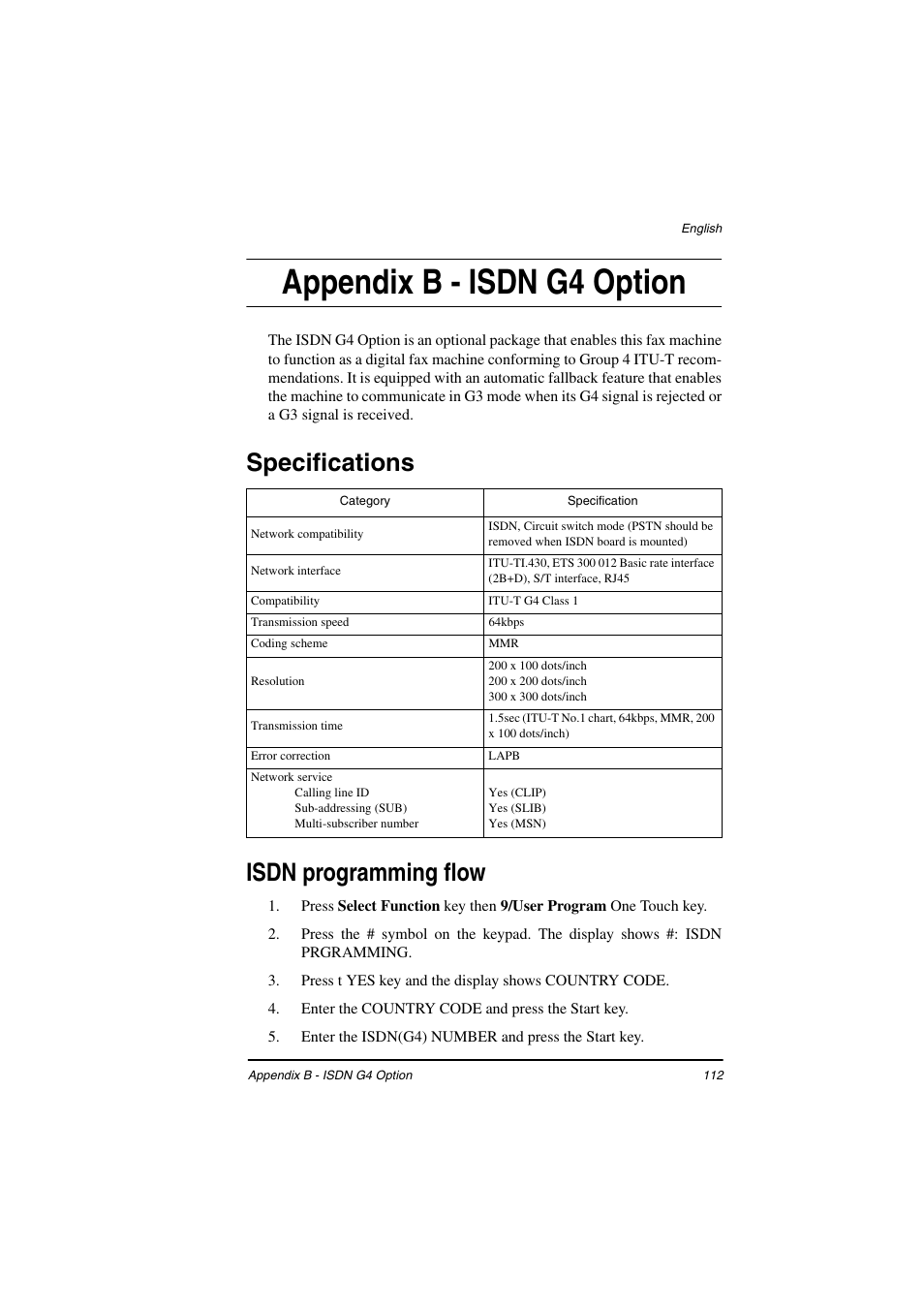 Appendix b - isdn g4 option, Specifications, Isdn programming flow | Specifications isdn programming flow | TA Triumph-Adler FAX 925 User Manual | Page 120 / 129