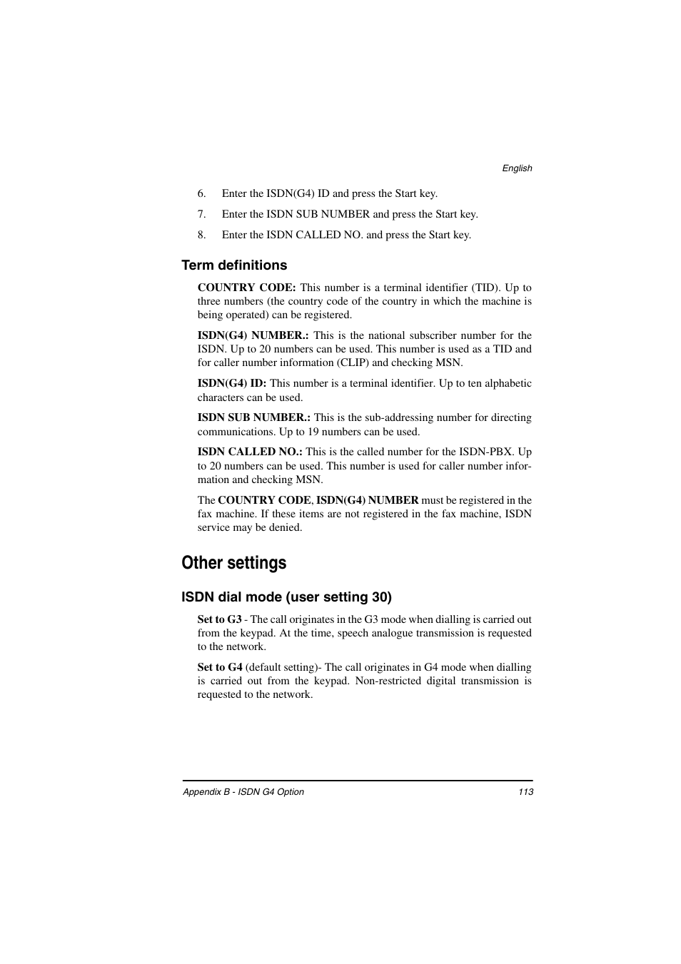 Term definitions, Other settings, Isdn dial mode (user setting 30) | TA Triumph-Adler FAX 925 User Manual | Page 121 / 129
