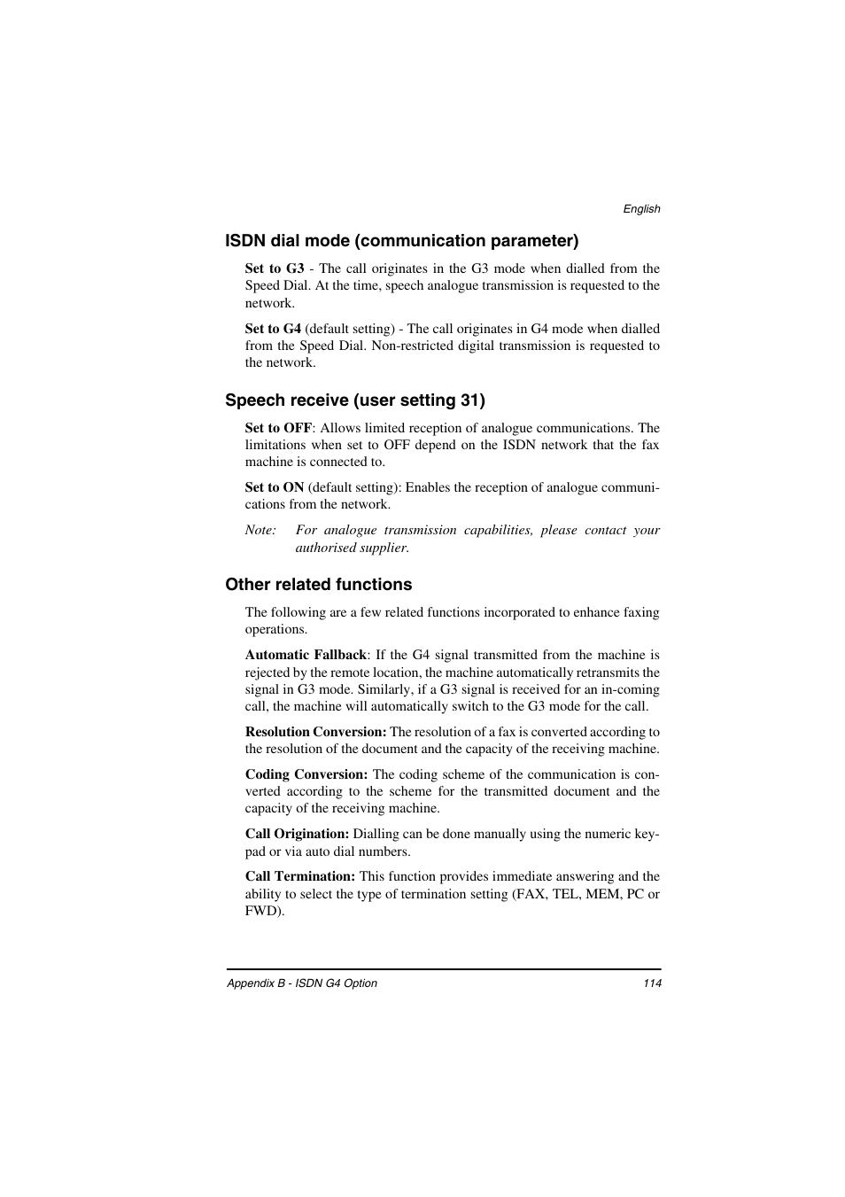 Isdn dial mode (communication parameter), Speech receive (user setting 31), Other related functions | TA Triumph-Adler FAX 925 User Manual | Page 122 / 129