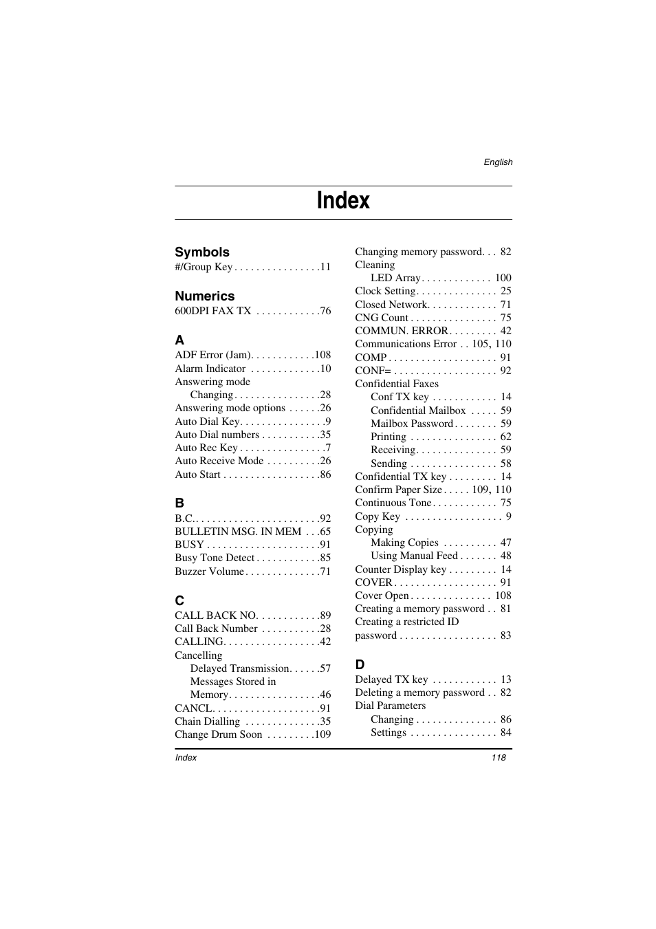 Index, Symbols, Numerics | TA Triumph-Adler FAX 925 User Manual | Page 126 / 129