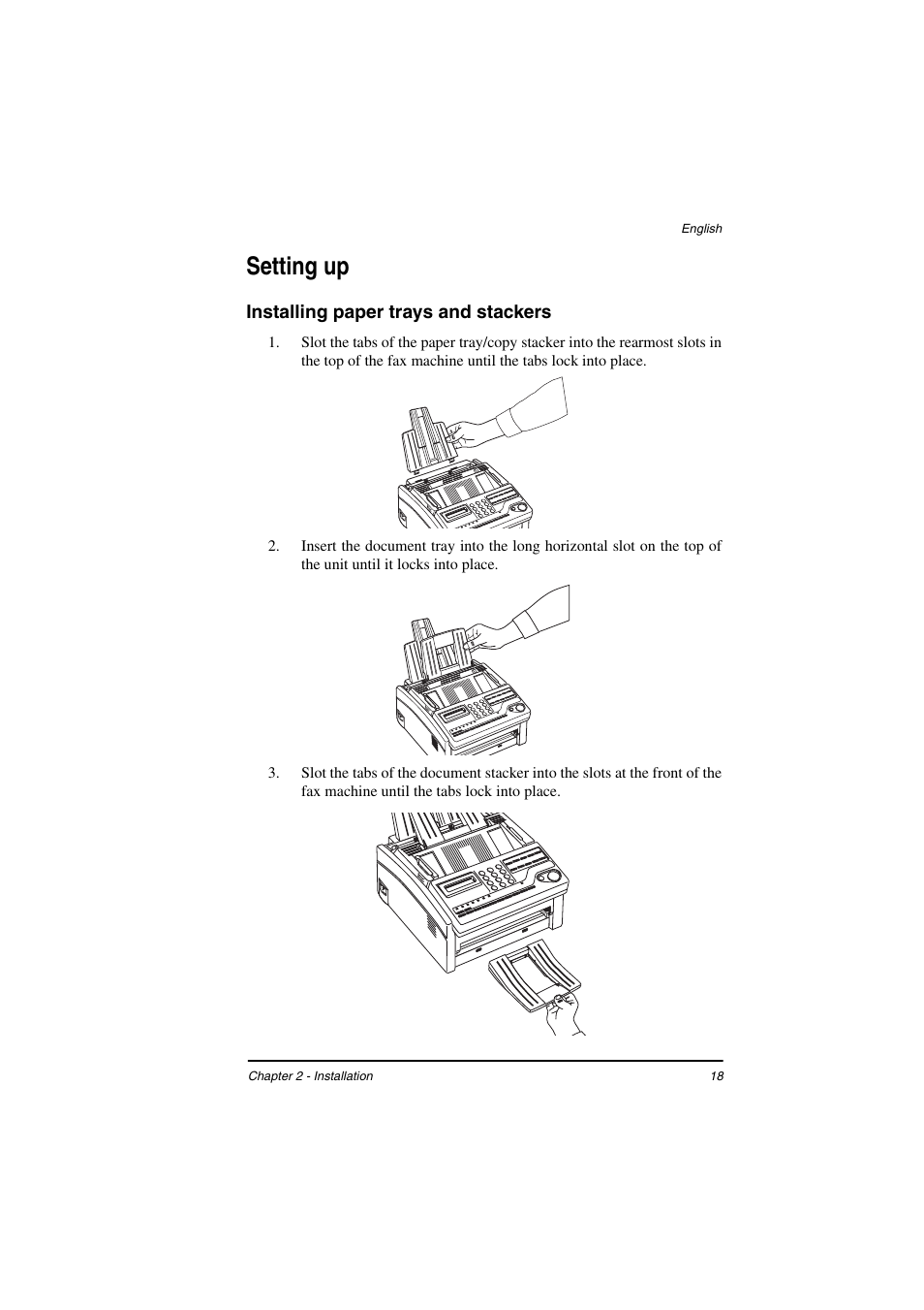 Setting up, Installing paper trays and stackers | TA Triumph-Adler FAX 925 User Manual | Page 26 / 129