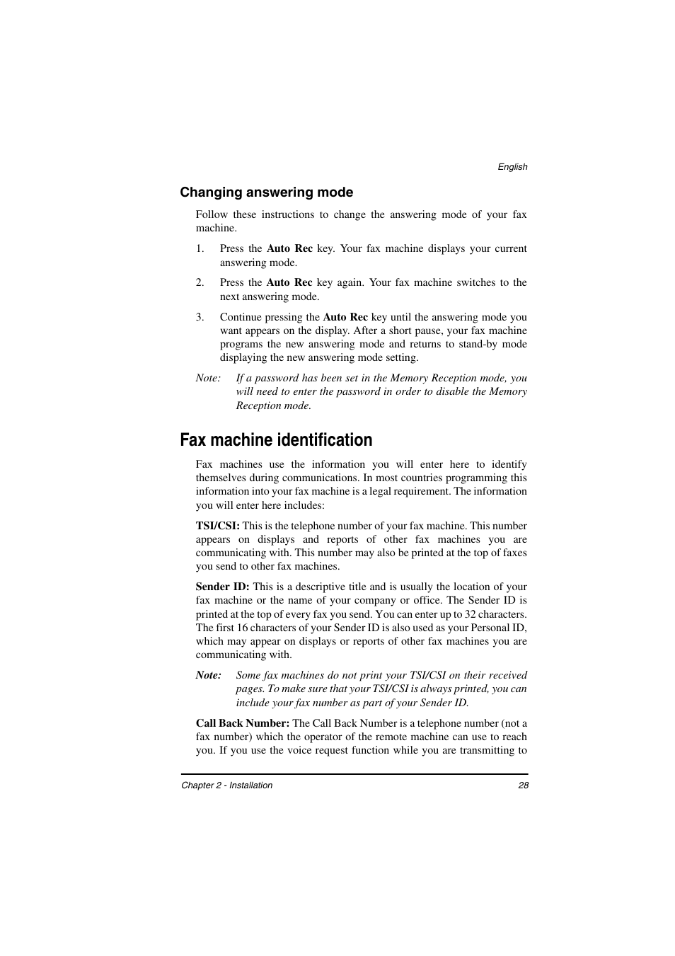 Changing answering mode, Fax machine identification | TA Triumph-Adler FAX 925 User Manual | Page 36 / 129