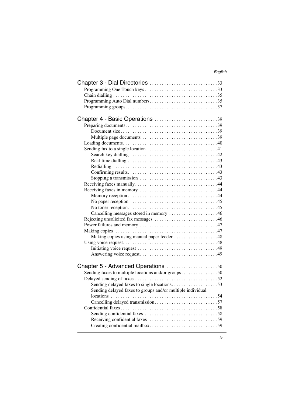 Chapter 3 - dial directories, Chapter 4 - basic operations, Chapter 5 - advanced operations | TA Triumph-Adler FAX 925 User Manual | Page 4 / 129