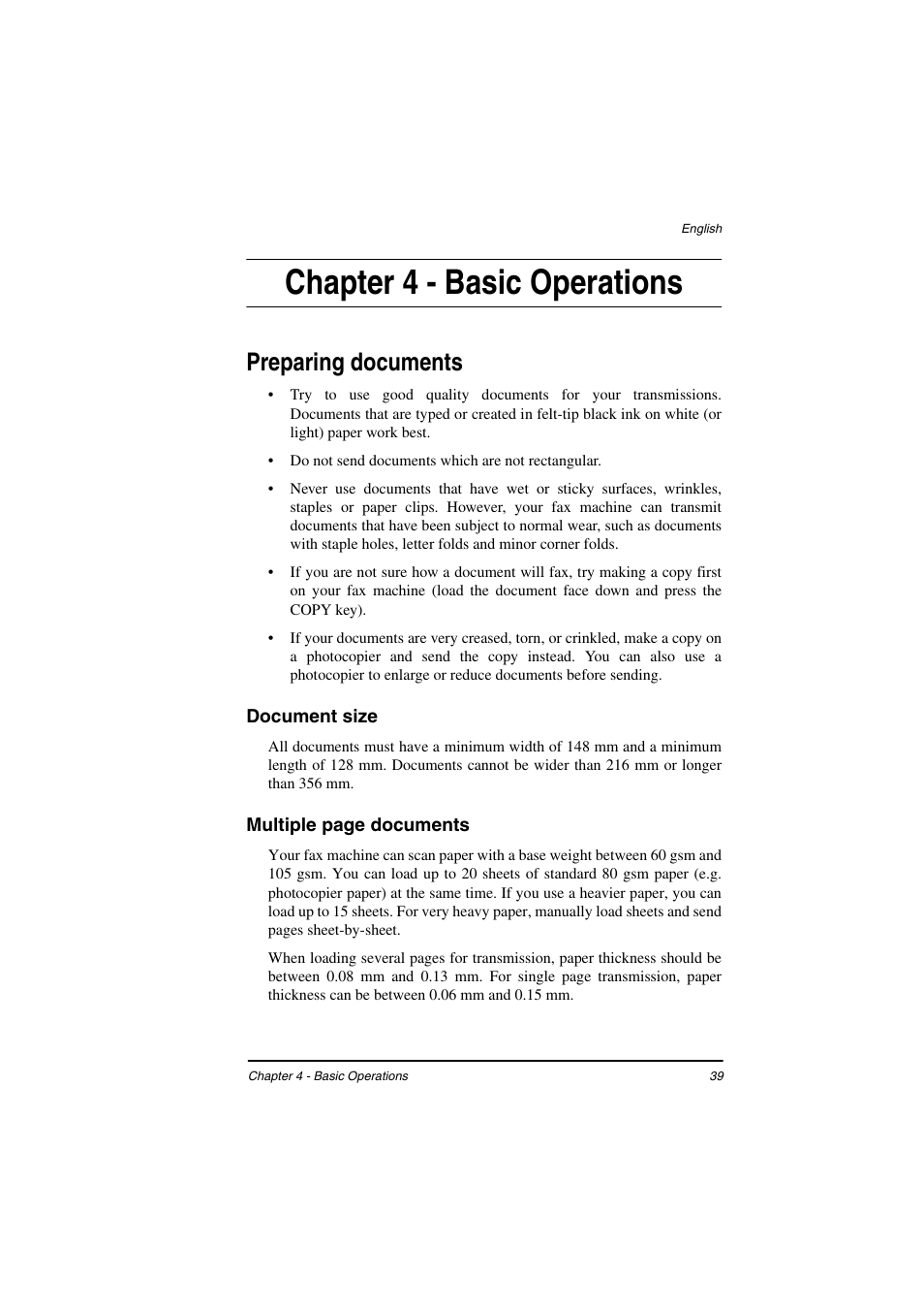 Chapter 4 - basic operations, Preparing documents, Document size | TA Triumph-Adler FAX 925 User Manual | Page 47 / 129