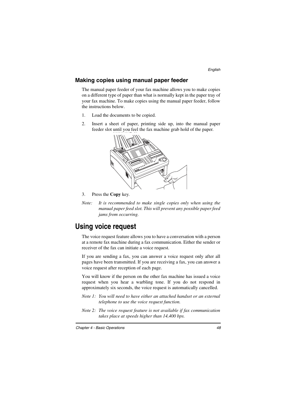 Making copies using manual paper feeder, Using voice request | TA Triumph-Adler FAX 925 User Manual | Page 56 / 129