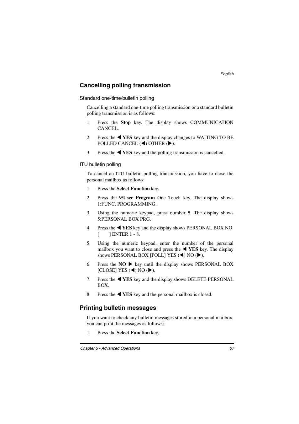 Cancelling polling transmission, Standard one-time/bulletin polling, Itu bulletin polling | Printing bulletin messages | TA Triumph-Adler FAX 925 User Manual | Page 75 / 129