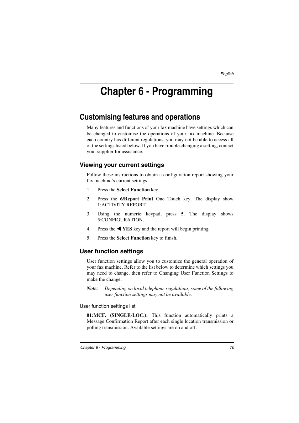 Chapter 6 - programming, Customising features and operations, Viewing your current settings | User function settings, User function settings list | TA Triumph-Adler FAX 925 User Manual | Page 78 / 129