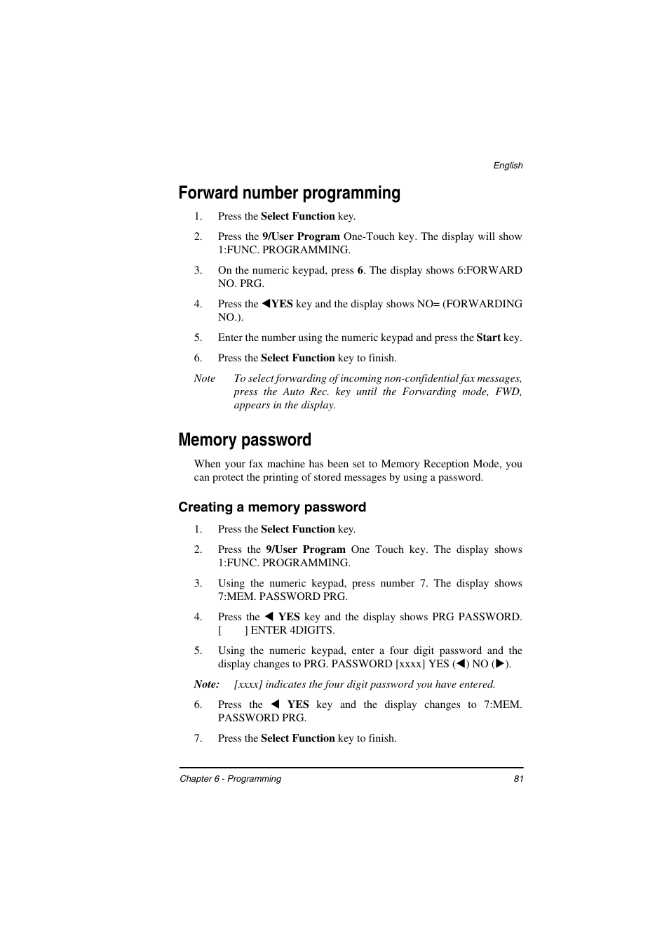 Forward number programming, Memory password, Creating a memory password | TA Triumph-Adler FAX 925 User Manual | Page 89 / 129