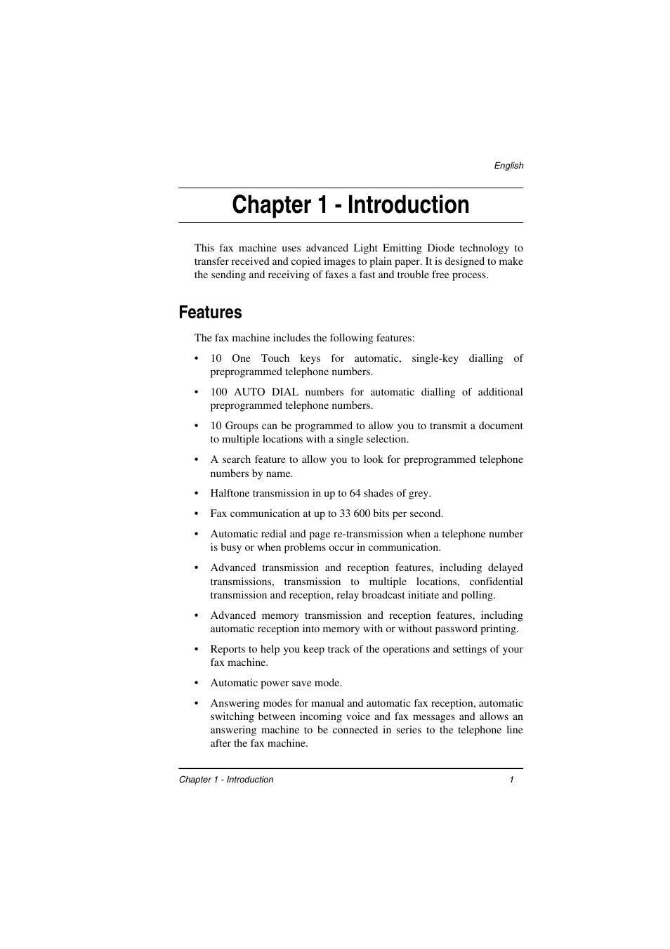 Chapter 1 - introduction, Features | TA Triumph-Adler FAX 925 User Manual | Page 9 / 129