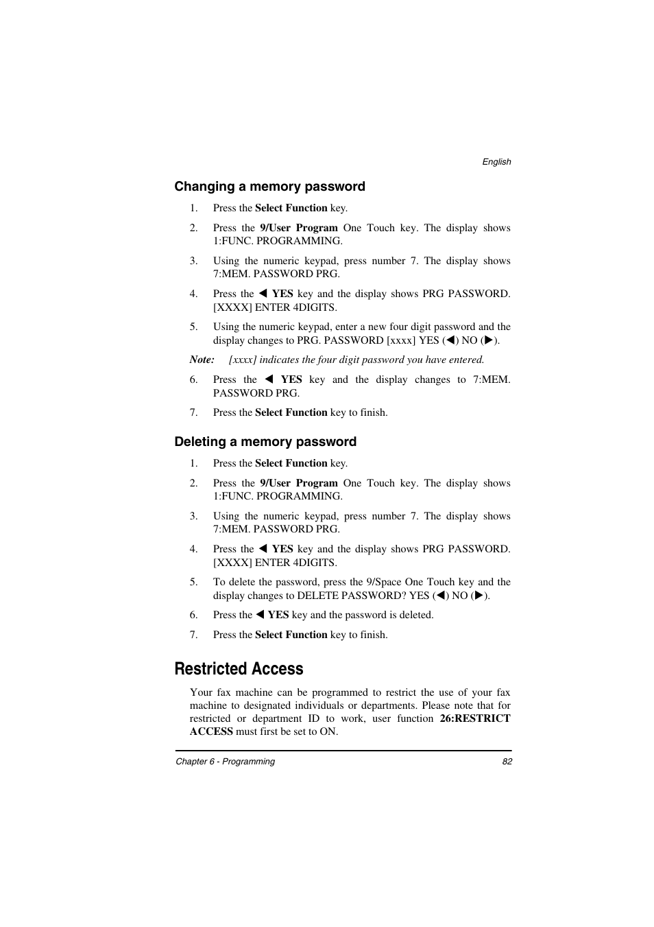 Changing a memory password, Deleting a memory password, Restricted access | TA Triumph-Adler FAX 925 User Manual | Page 90 / 129