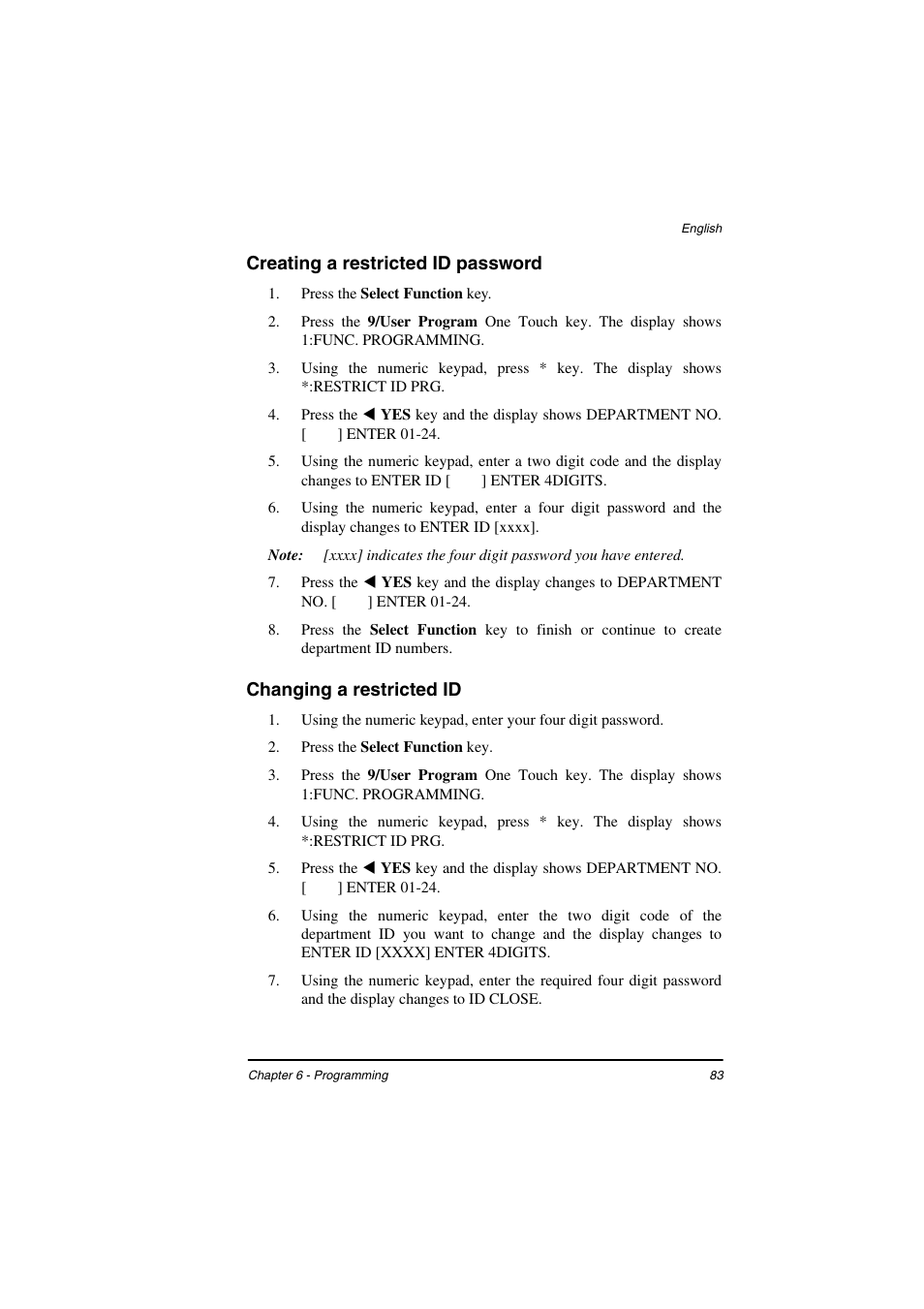 Creating a restricted id password, Changing a restricted id | TA Triumph-Adler FAX 925 User Manual | Page 91 / 129