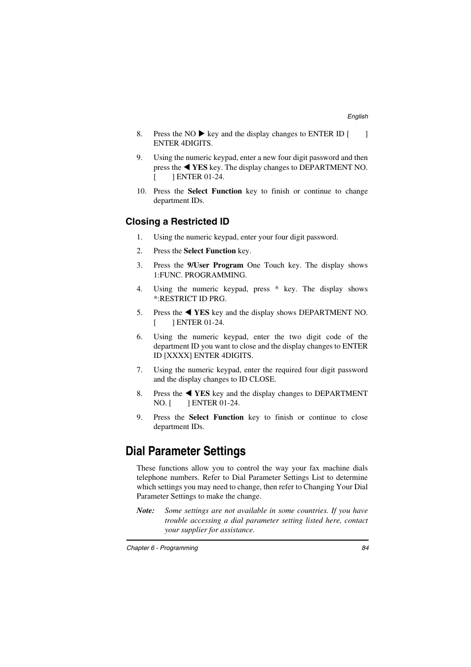 Closing a restricted id, Dial parameter settings | TA Triumph-Adler FAX 925 User Manual | Page 92 / 129