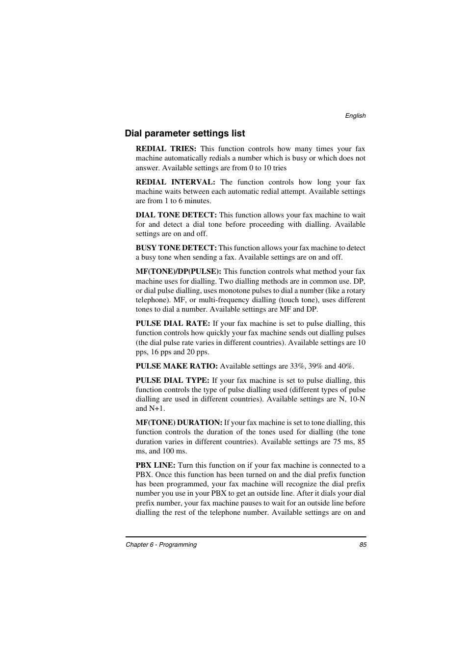 Dial parameter settings list | TA Triumph-Adler FAX 925 User Manual | Page 93 / 129