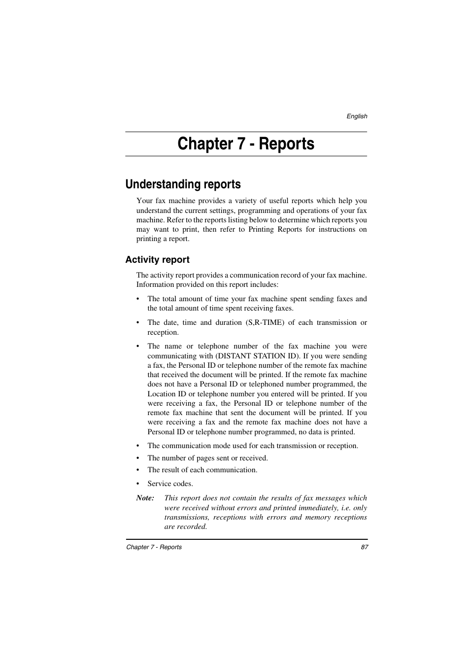 Chapter 7 - reports, Understanding reports, Activity report | TA Triumph-Adler FAX 925 User Manual | Page 95 / 129