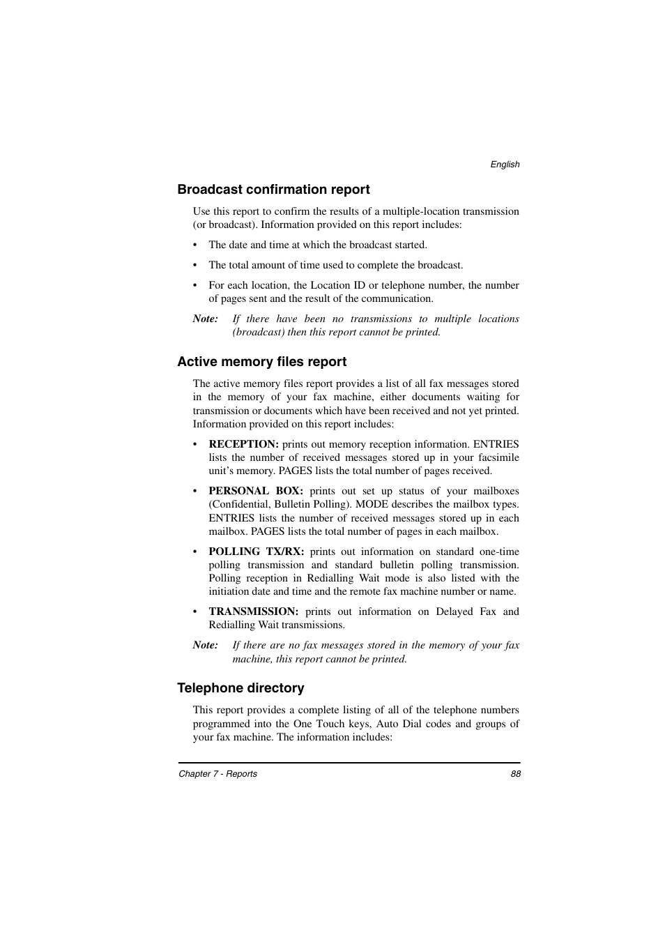 Broadcast confirmation report, Active memory files report, Telephone directory | TA Triumph-Adler FAX 925 User Manual | Page 96 / 129