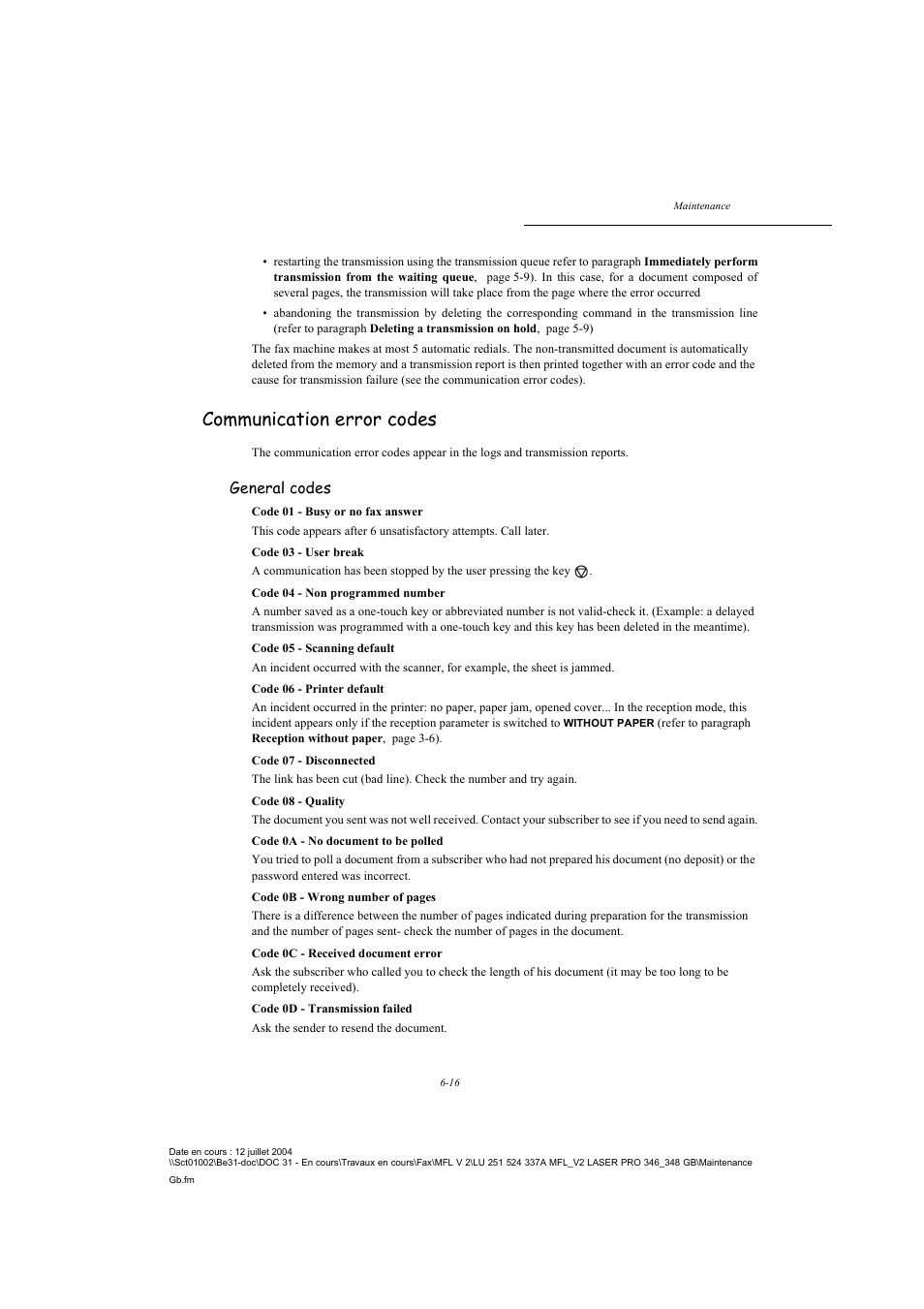 Communication error codes, General codes | TA Triumph-Adler FAX 941 User Manual | Page 101 / 115