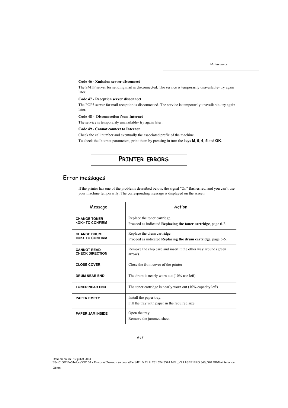 Printer errors, Error messages, Rinter | Errors | TA Triumph-Adler FAX 941 User Manual | Page 103 / 115