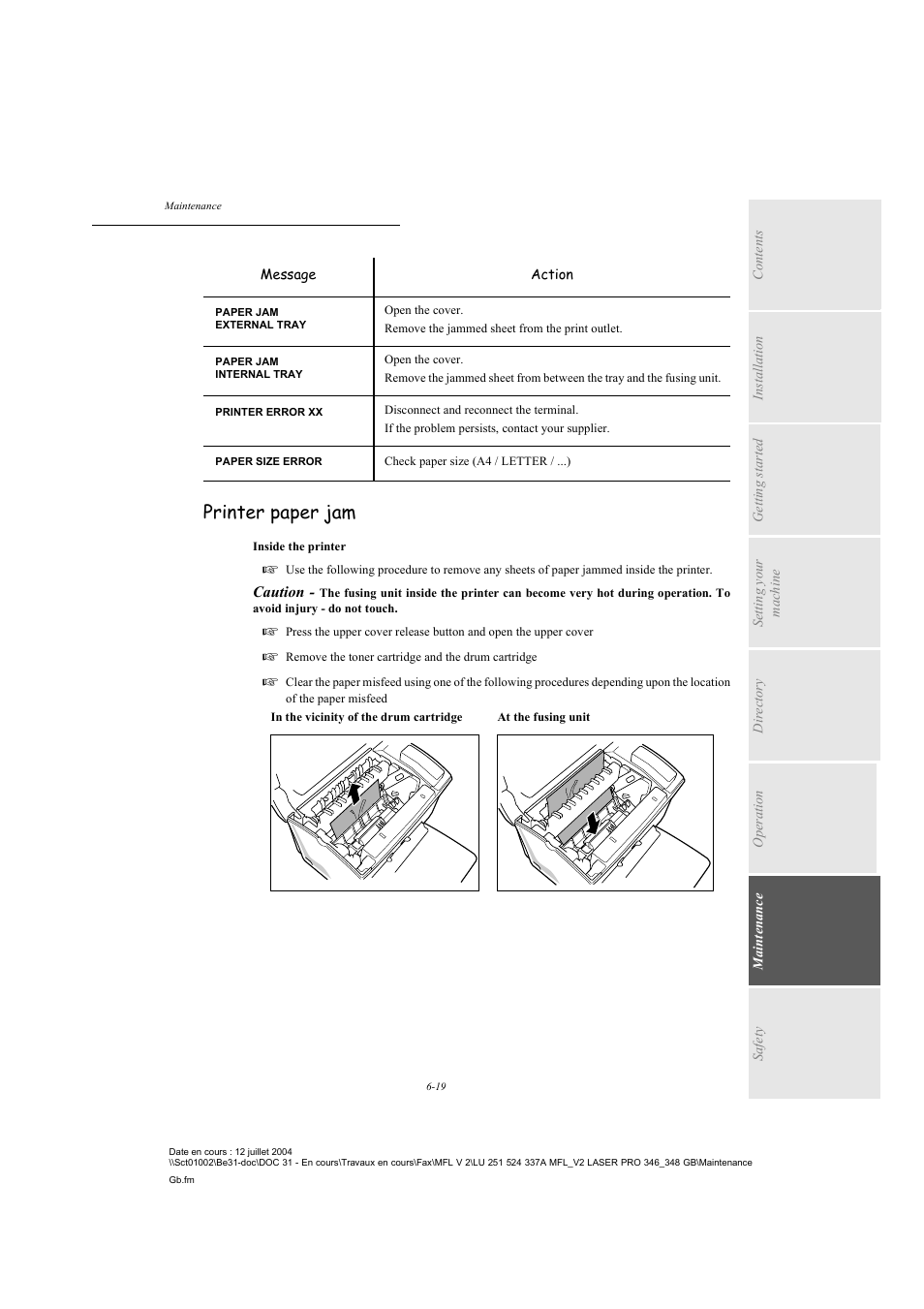 Printer paper jam | TA Triumph-Adler FAX 941 User Manual | Page 104 / 115