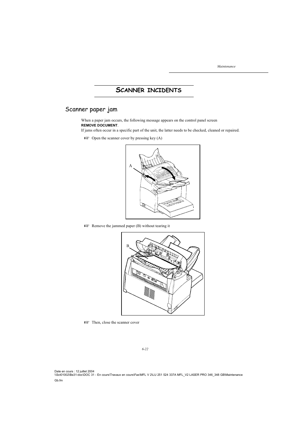 Scanner incidents, Scanner paper jam, Canner | Incidents | TA Triumph-Adler FAX 941 User Manual | Page 107 / 115