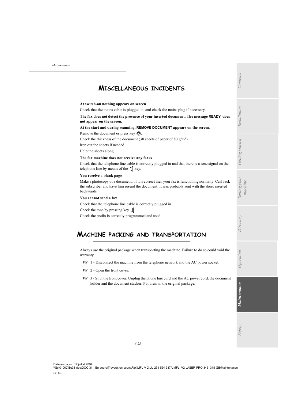 Miscellaneous incidents, Machine packing and transportation, Iscellaneous | Incidents, Achine, Packing, Transportation | TA Triumph-Adler FAX 941 User Manual | Page 108 / 115