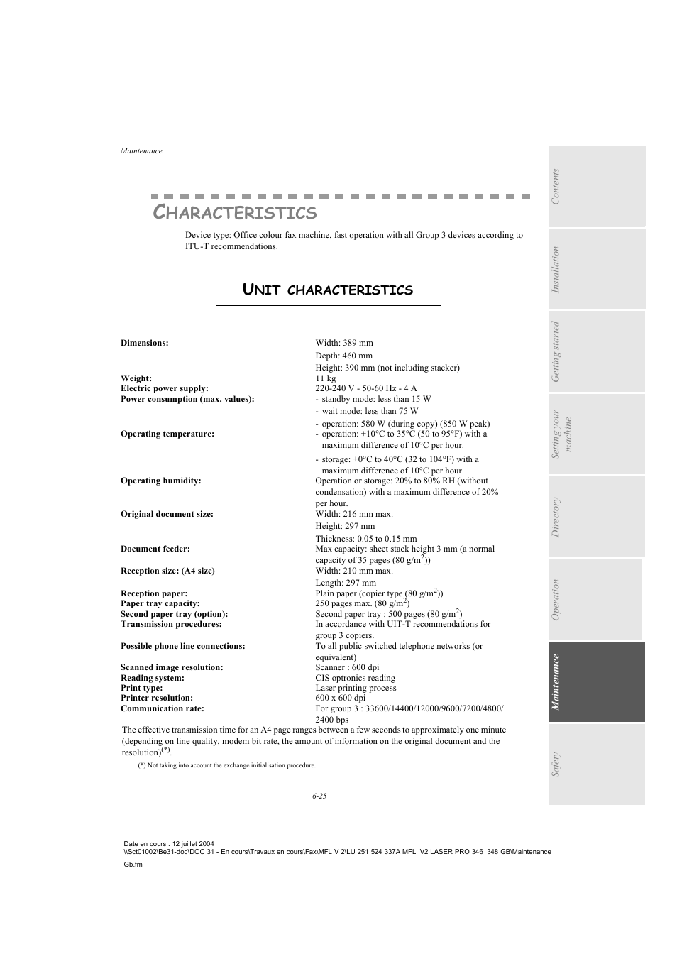 Characteristics, Unit characteristics, Haracteristics | TA Triumph-Adler FAX 941 User Manual | Page 110 / 115