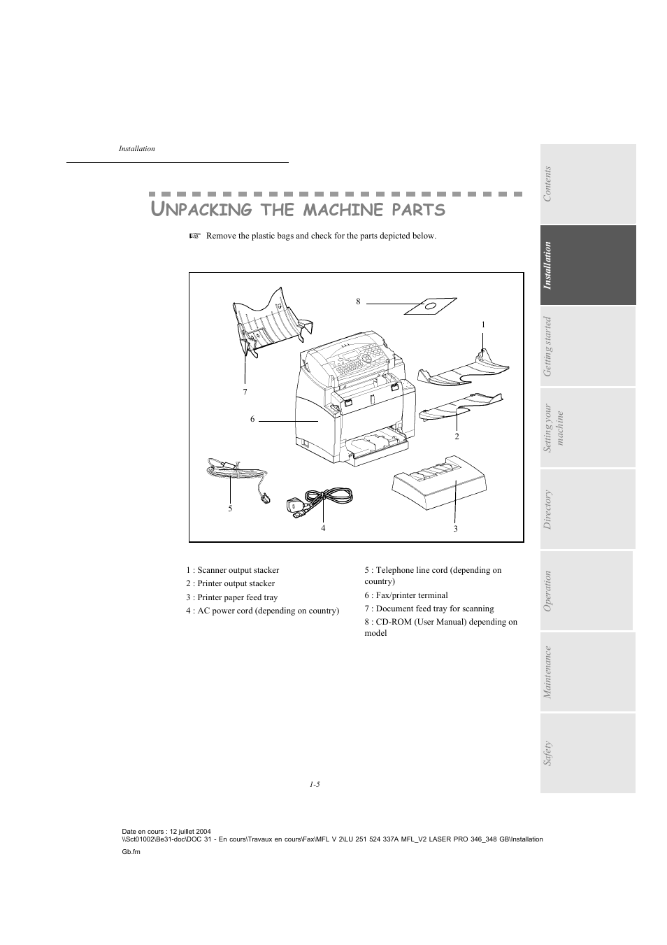 Unpacking the machine parts, Npacking, Machine | Parts | TA Triumph-Adler FAX 941 User Manual | Page 14 / 115