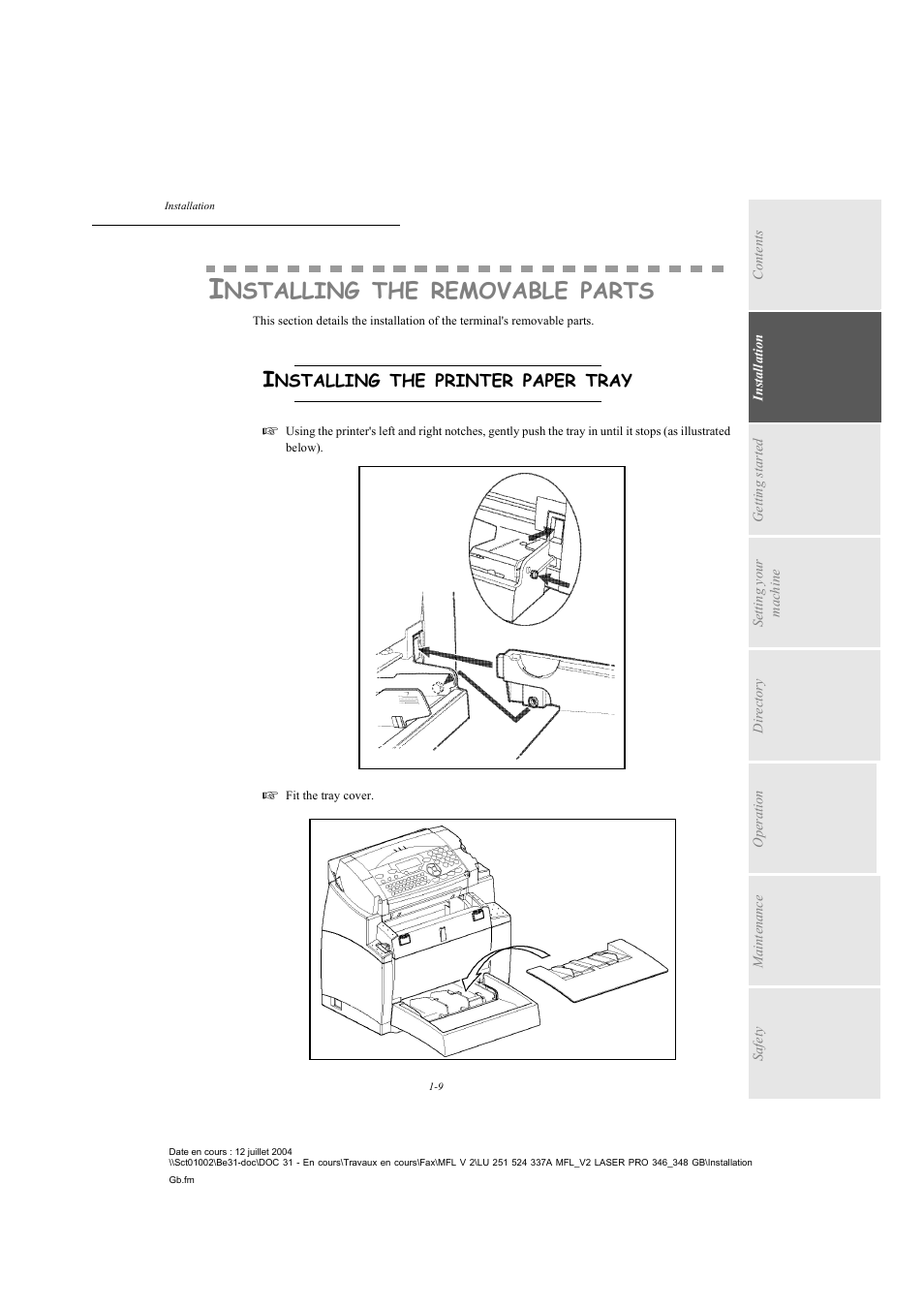 Installing the removable parts, Installing the printer paper tray, Nstalling | Removable, Parts | TA Triumph-Adler FAX 941 User Manual | Page 18 / 115