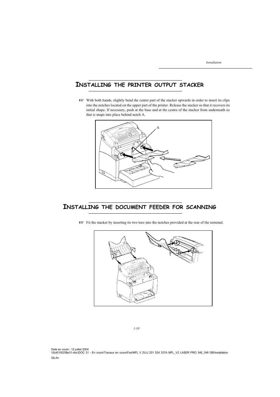 Installing the printer output stacker, Installing the document feeder for scanning | TA Triumph-Adler FAX 941 User Manual | Page 19 / 115