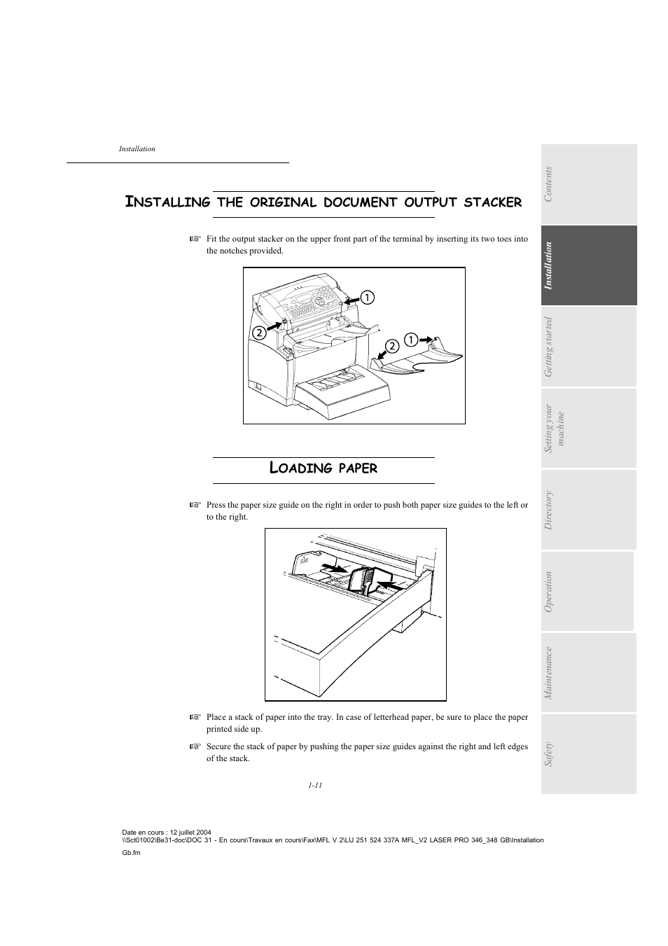 Installing the original document output stacker, Loading paper | TA Triumph-Adler FAX 941 User Manual | Page 20 / 115